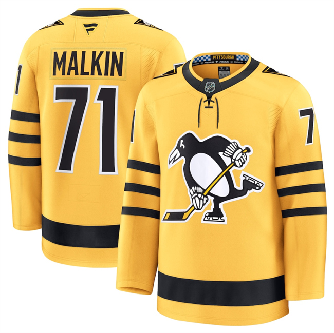 Men's Pittsburgh Penguins #71 Evgeni Malkin Gold 2025 Alternate Stitched Hockey Jersey